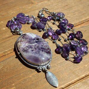 Elegant Amethyst Station Necklace with Bold Dream Amethyst Pendant